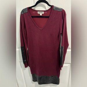 NWOT Say What? Faux-Leather Trim Sweater Dress. Size L. Color Maroon Gold zipper